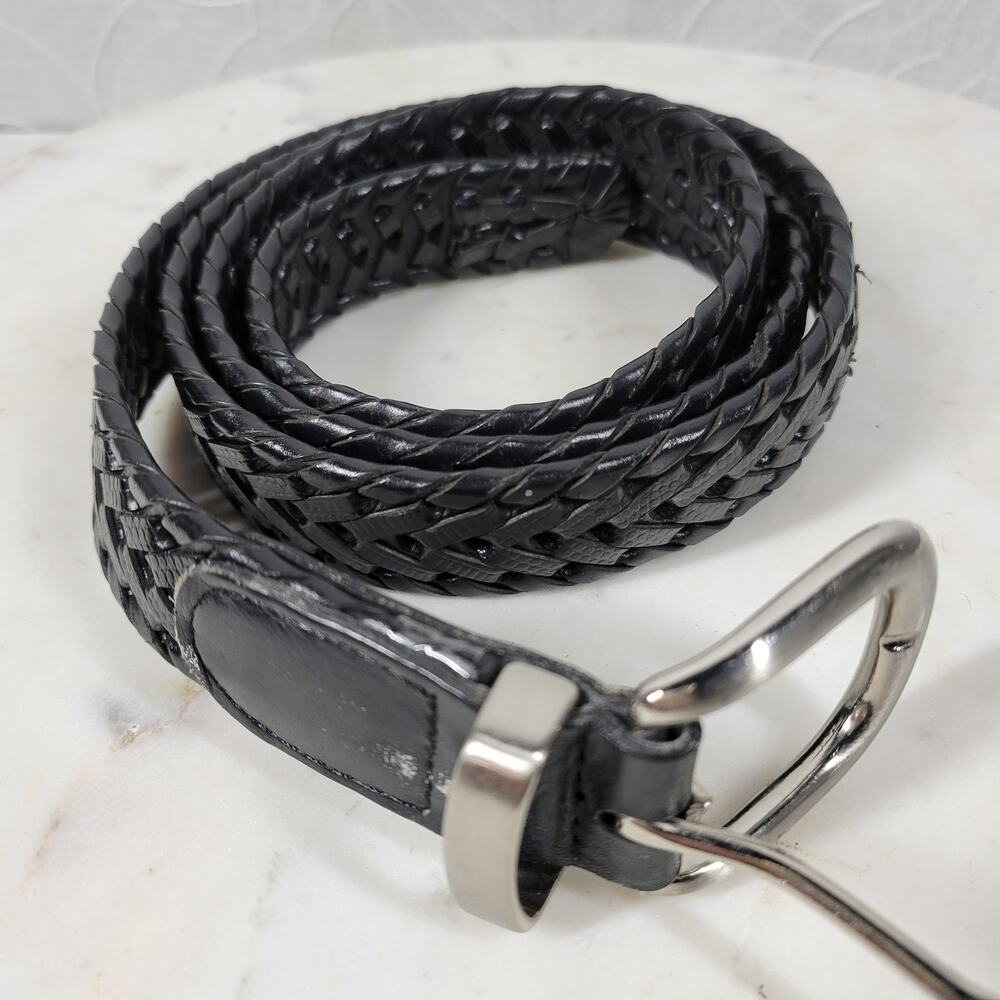VTG Braided Leather Belt 44" Black Adjustable Woven Strap Silver Buckle